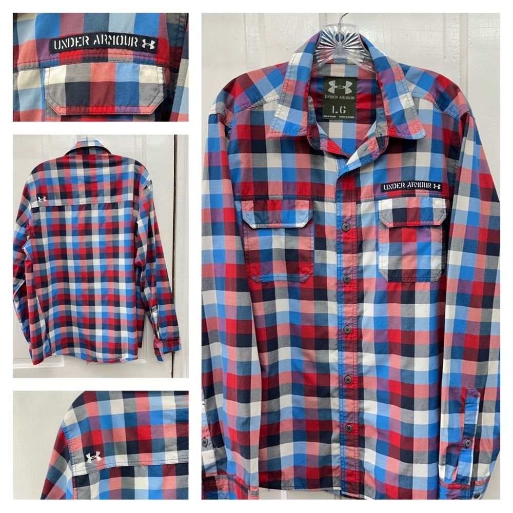 Under Armour long sleeve button down shirt men's large red white blue mens large